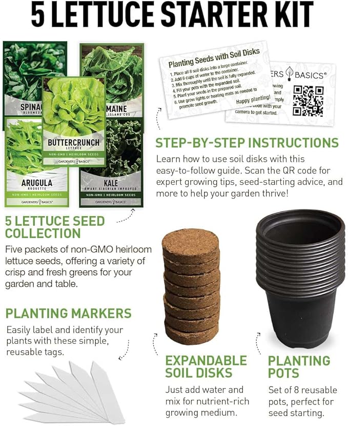 Beginner Indoor Garden Lettuce Kit - Includes Romaine, Buttercrunch Lettuces, Spinach, Arugula, and Kale Heirloom Seeds, Pots, Soils and Plant Markers - Complete Indoor Vegetable Garden Starter Kit