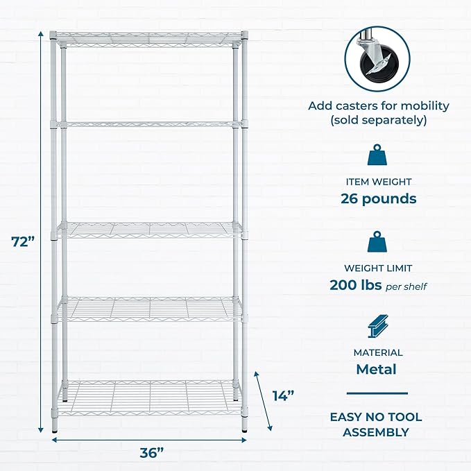 Honey-Can-Do 5-Tier Heavy Duty Adjustable Shelving Unit, 200-lb Per Shelf Metal Storage Rack, White Wire Shelf for Laundry Room Kitchen Craft Room, 36 x 14 x 72 in