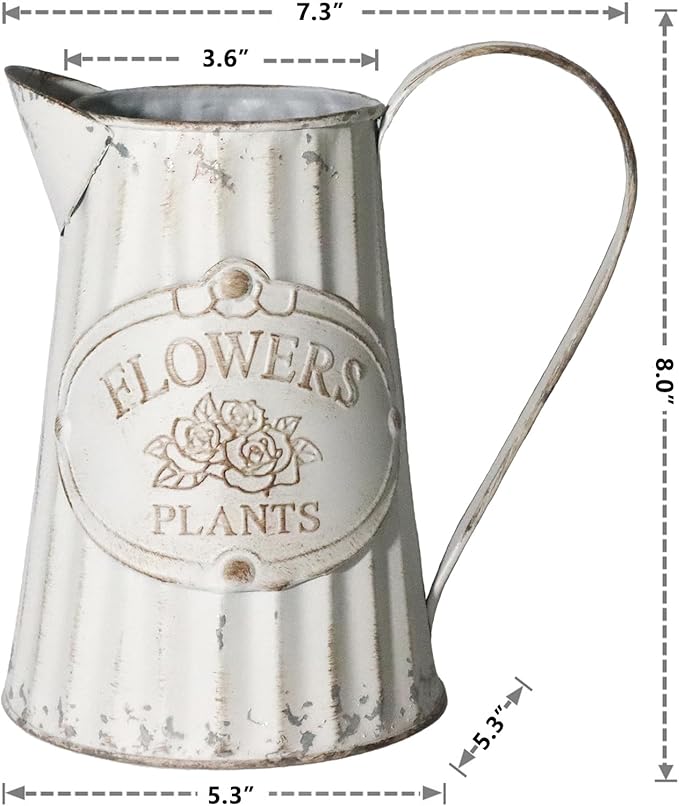 Galvanized Pitcher Antique Watering Can Retro Jug Metal Vase Rustic Vintage Primitive Pitcher Farmhouse Country Plant for Home Office Decor, 8.0”