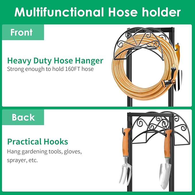 TomCare Garden Hose Holder Heavy Duty Water Hose Holder Holds 160 FT Hoses 4 Spikes Hose Reel Freestanding Hose Hanger Sturdy Hose Storage Stand for Outside Yard Lawn