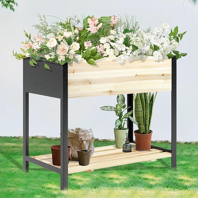 Raised Garden Bed with Legs, Metal & Wood Elevated Planter Box for Outdoor Plants, Vegetables, Flowers, Herbs, 4 Legs, 36(L) x18(W) x30(H) Inch Garden Bed for Outdoors