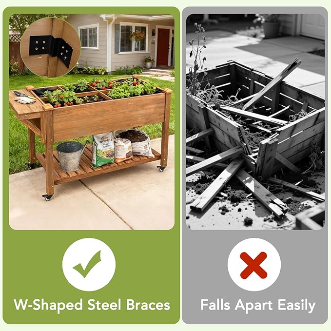 PetsCosset Raised Garden Bed with Wheels, Storage Shelf, Protective Liner, Table Ledge,Outdoor Garden Bed with Legs for Vegetable, Herb, and Flower Cultivation (with Wheels)