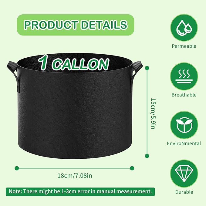 Grow Bags (3-Pack) - Heavy Duty Fabric Pots for Vegetables, Fruits, Flowers, Plants | Aeration Fabric Prevents Root Circling & Overwatering | Durable, Reusable (Round, 1 Gallon)