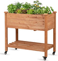 Raised Garden Bed with Lockable Wheels, 32x16x32 inch Elevated Wood Planter with Storage Shelf Protective Liner for Vegetable Flower Herb Outdoor Balcony Patio Backyard, Brown