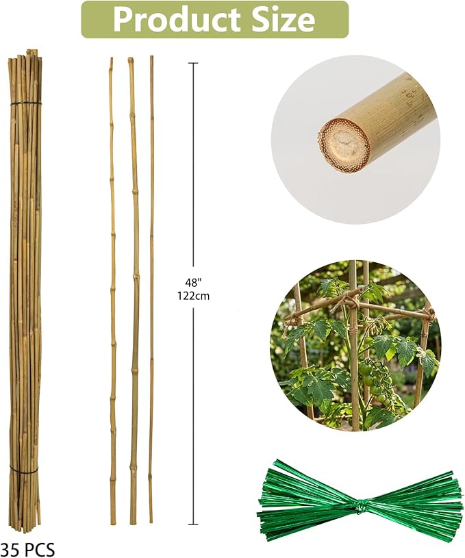Plant Stakes Natural Bamboo Sticks - 35 Pcs Bamboo Garden Stakes for Plants 4 FT Plant Support Sticks with Twist Ties for Tomatoes Beans Flowers Indoor Outdoor Potted Climbing Plants
