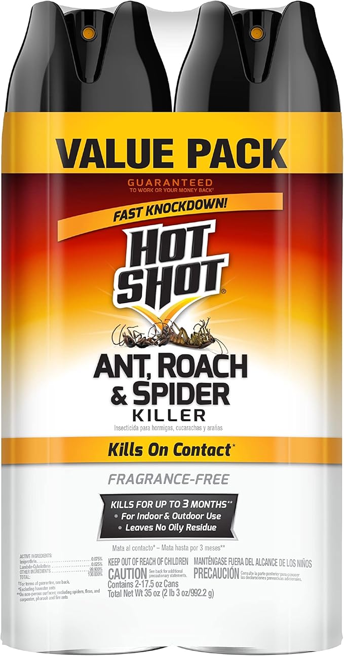 Hot Shot Ant, Roach & Spider Killer, Kills Roaches and Listed Ants On Contact, Indoor & Outdoor Use, (Unscented) 2 Pack, 17.5 Ounce
