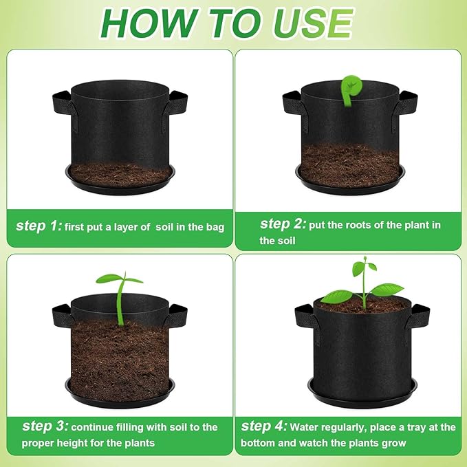 24 Sets 1 Gallon Grow Bag with Plant Saucers, Durable Aeration Fabric Pots with Handles Black Drainage Planter Bags Reusable Garden Bags Plastic Drip Trays Set for Indoor Outdoor