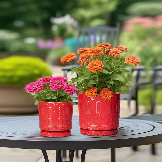 Eightpot 6 Inch Plant Pot, Ceramic Flower Pots for Indoor Outdoor Plants, Round Pots for Plants with Drainage Hole and Tray, Boho Decorative Planter, Kitchen Decor, Gardening Gifts for Women, Red