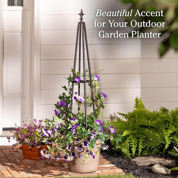 Evergreen Metal Garden Obelisk Trellis for Climbing Plants Outdoor, Indoor Plant Trellis for Potted Plants, Floral Pattern Arch Trellis (Black, 6 ft. Pyramid)
