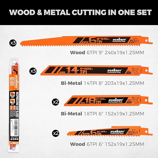 HORUSDY 10-Piece Reciprocating Saw Blades Set with Storage Case, 6" 8" & 9" Wood & Metal Cutting Blades, Bi-Metal and High Carbon Steel Saw Blades for Fast, Clean, and Durable Cutting