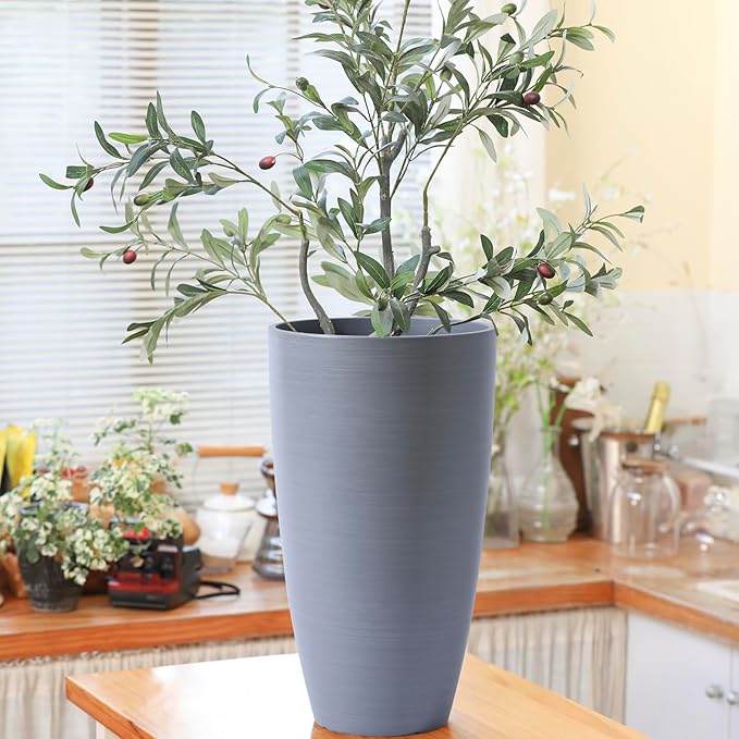 Outdoor Planters For Porch With Drainage Hole&Movable Insert Shelf Large Planters For Decorative Gray Wooden Grain Matte Finish For All House Plants Small Trees No Fading Planter 21Inch Tall Planter