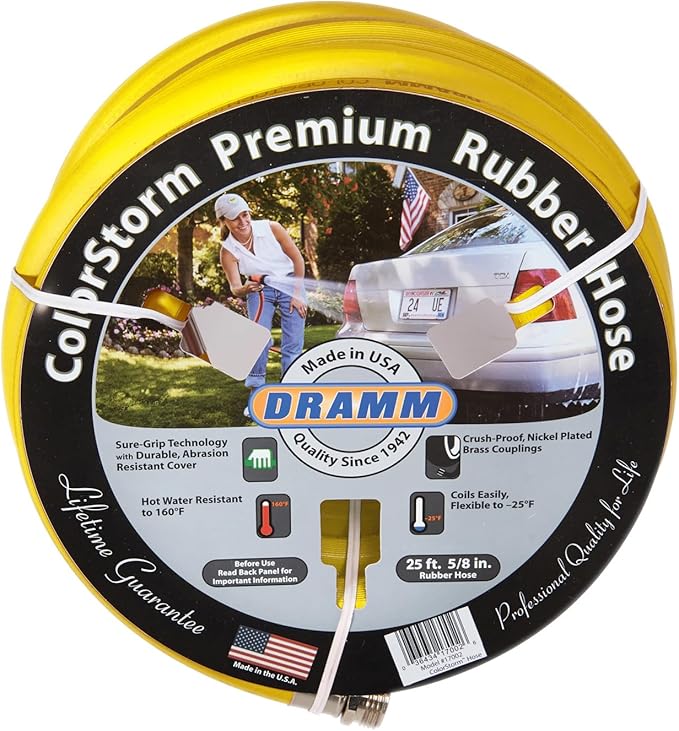 Dramm ColorStorm Premium Rubber Garden Hose – 50 ft Heavy Duty 3/4" Water Hose – Kink Resistant, Crush-Proof Nickel-Plated Couplings – Made in USA - Yellow