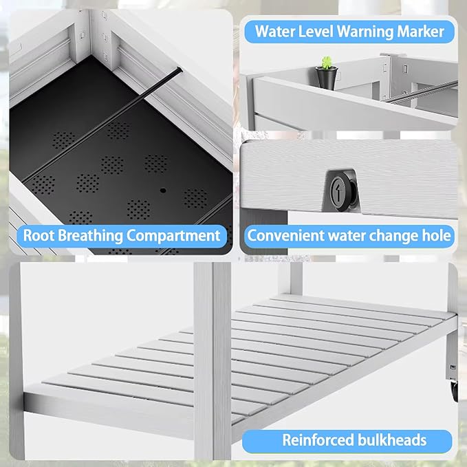 43" Elevated Garden Bed with Wheels & Legs, 78L/21 Gal Large Raised Planter Box with Drainage & Water Level Indicator, Mobile Herb Garden Kit for Patio & Balcony, Grayish-White