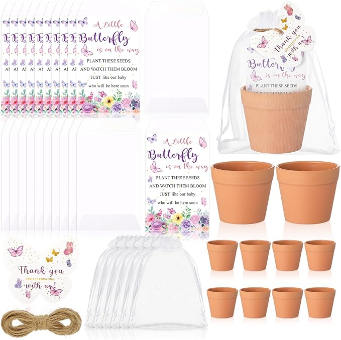 Ctosree 50 Sets Butterfly Baby Shower Party Favors for Guests A Little Butterfly Is on The Way Seed Packets Include Self-adhesive Seed Packets Flowerpot Thank You Tags Organza Bags for Baby Shower
