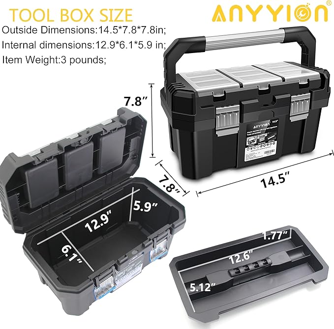 Anyyion 13 inch Small Tool Box with Removable Tray, Truly Strong and Durable For Hobby or Craft Storage Toolbox, (Internal Size:12.9"Lx6.1"Wx5.9"H)
