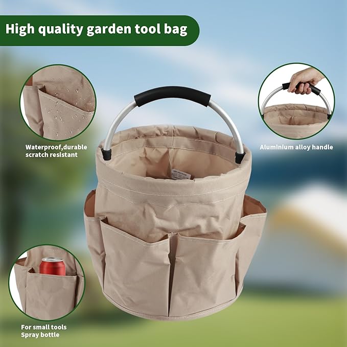 Gardening Storage Tote with Handle and 6 Pockets, Folding Garden Tool Basket, Storage Bag for Outdoor Picnic Organizer, 17L Cleaning Organizer, Bathroom Organizer, Garden Tool Kit Holder (Khaki)