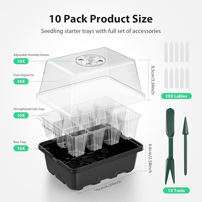 Seed Starter Tray, 10PCS Seed Starter Kit, Seedling Starter Trays with Heightened Lids for Seed Staring, Indoor Gardening Plant Germination Trays (12 Cells per Tray) Black
