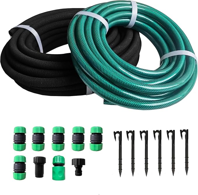 Customizable Soaker Hose System - 1/2 inch x 50ft Soaker Hose with 25ft Garden Hose, Irrigation Weeping Hose with Reinforced Fittings for Raised Garden Flower Bed, Vegetables and Shrub Plants.