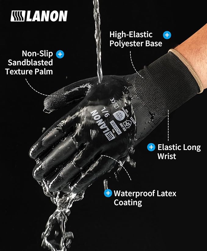 LANON 2 Pairs Waterproof Work Gloves for Men and Women,Double Rubber Coated for Gardening, Outdoor Construction,Car & Fish Cleaning, Non-Slip Grip, Elastic Cuff, Blue&Black,Medium