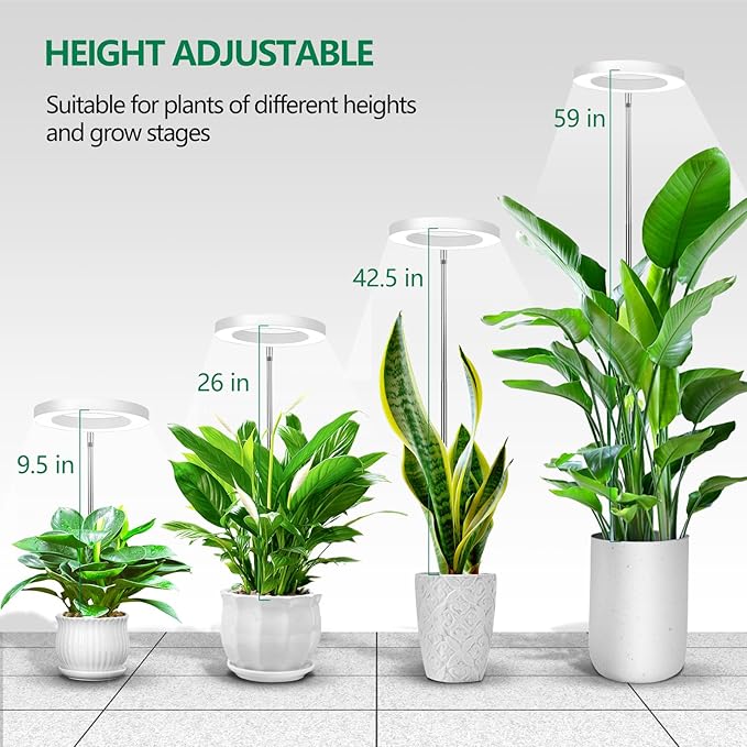 WaterRebirth 6.3 inch LED Grow Light for Indoor Plants, Full Spectrum Halo Plant Light with 3/9/12H Auto Timer, 10-Level Dimmable, Height Adjustable for Tall Plants