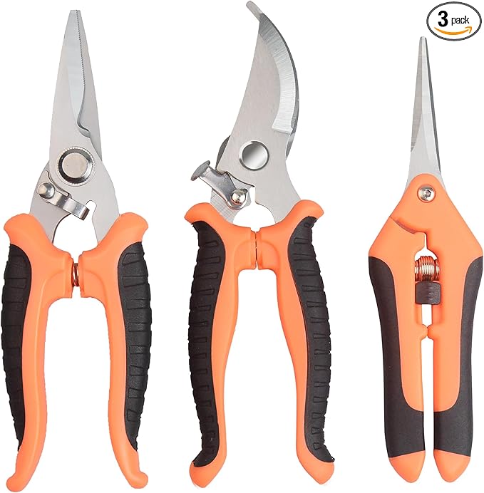 Pruning Shears Gardening Scissors Tools: 3pcs Outdoors&Indoor Garden Clippers, Rose Snips, Plant Clippers, Wood Pruner, Gardener Work Accessories for Flower Arrangement, Yard Landscaping (Orange)