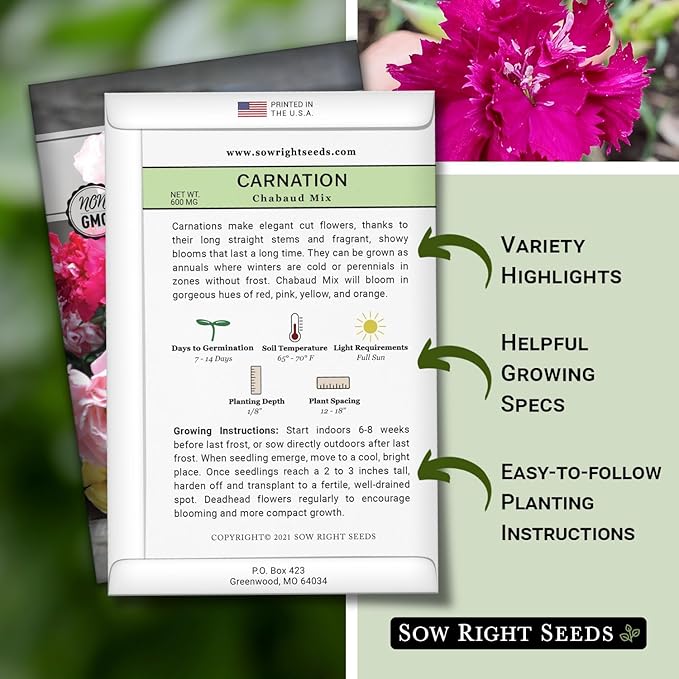 Sow Right Seeds - Chabaud Mix Carnation Seeds for Planting - Non-GMO Heirloom Dianthus Variety Ideal for Outdoor Gardens - Grow Large Carnation Plants - Easy to Sow and Bloom Beautiful Flowers (1)