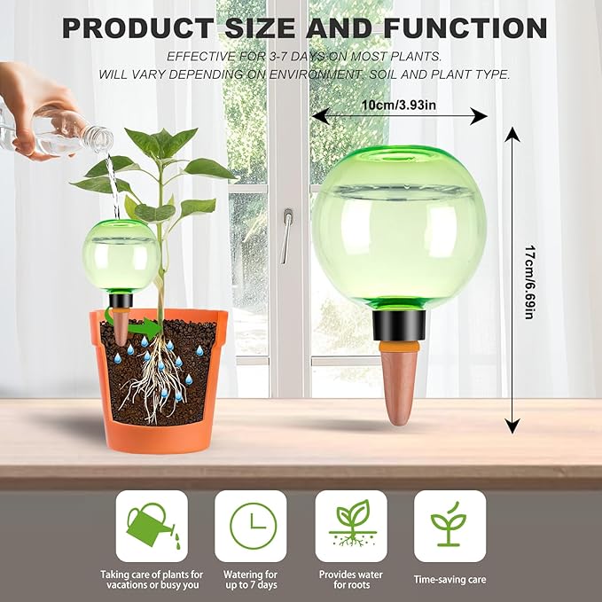 2 Pack Self Watering Globes 17oz Large Plant Watering Globes Top Fill, Self Water Planter Insert Indoor/Outdoor Plastic Water Bulbs Slow Release Terracotta for Plants, Green