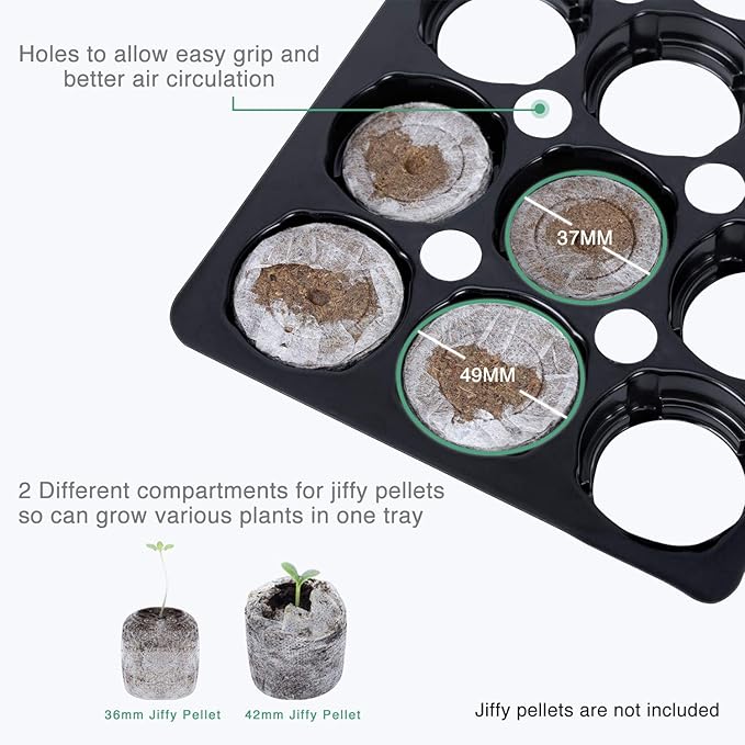 SOLIGT [Thick Plastic] 4 Set Strong Seed Starter Tray with 4" Humidity Dome and Pellet Holder for 100 Jiffy 30mm, 36mm & 42mm Peat Pellets, Seed Starting, Germinating Propagating, Pellet Not Included