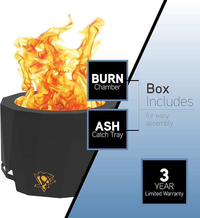 Blue Sky Outdoor Living NHL Edmonton Oilers 24” Steel Peak Patio Smokeless Fire Pit with Spark Screen Kit, Firewood and/or Wood Pellet Burning