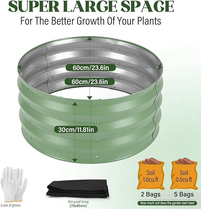 Round Metal Raised Garden Bed 2 Pack with Fabric Liners, 2 ft × 2 ft × 1 ft, Outdoor Planters for Backyard, Patio & Garden (sage Green)