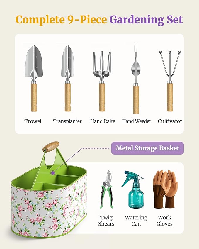 9-Piece Garden Tool Set, Heavy Duty Stainless Steel Rust-Proof Ｇardening Ｋit with Ergonomic Wood Handles, Durable Metal Organizer Basket with 4 Compartments, Gardening Gift for Women, Mother