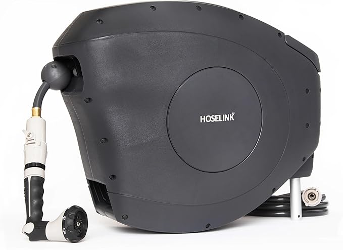 HOSELINK Classic Charcoal 100ft Automatic Retractable Hi-Flow Garden Hose Reel, 1/2" UV-Stabilized Kink-Free Hose, Wall Mounted Complete Watering Solution for Backyard, Garden & Outdoor