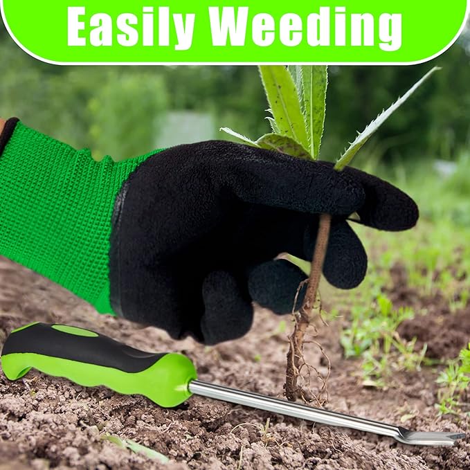 12.8'' Dandelion Weed Puller Tool with Soft Handle Polished Stainless Steel Garden Hand Weeder Remover Tool Two-pronged Fork with Gloves for Garden Lawn Farmland Planting Care in Patio Lawn Yard