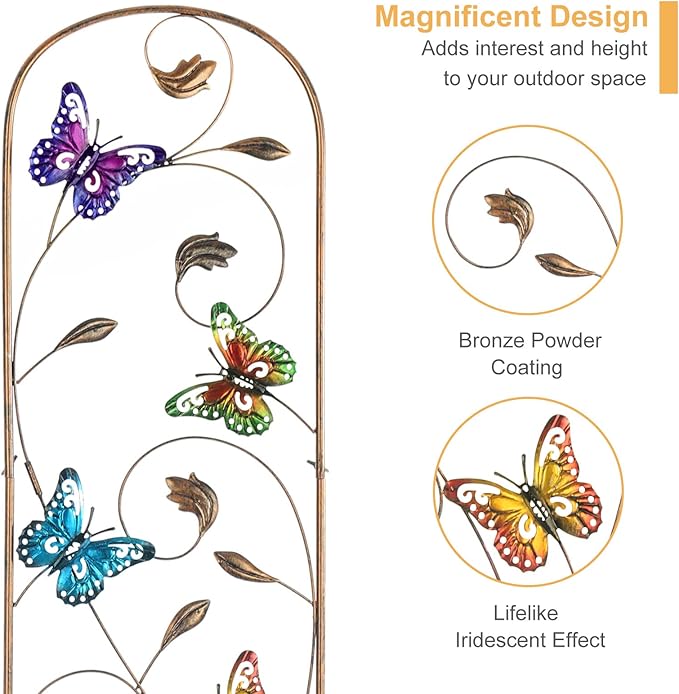 2 Pack Metal Garden Trellis with Colorful Butterfly 60 Inch High Outdoor Decoration Arched Fence Trellis for Climbing Plants for Patio, Lawn, Yard, Backyard, Wall Brackets