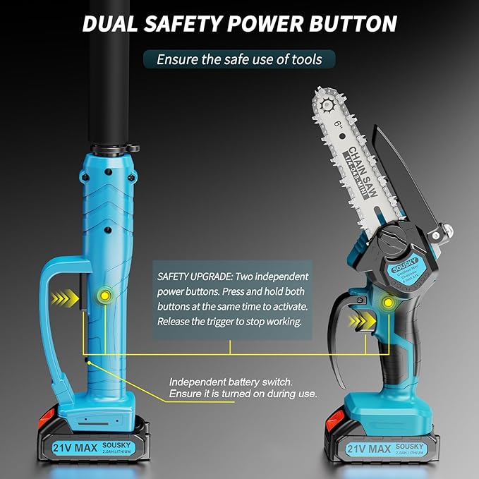 2-in-1 6 In Mini Chainsaw & Electric Pole Saw, Electric Pole Saws for Tree Trimming, 21V Cordless Battery Chainsaw Powered with 2 Batteries, Lightweight Tree Trimming Tool for Small Branches