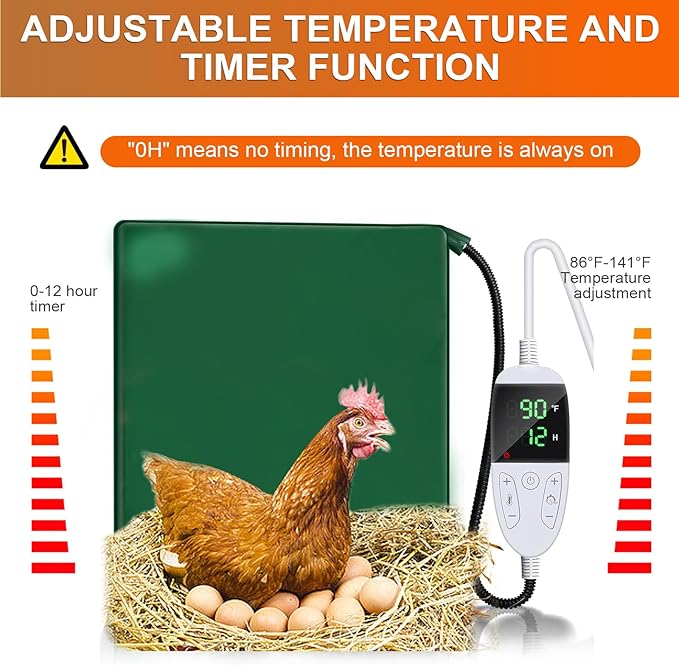 Chicken Heating Pad Chick Brooder Pad Poultry Heated Mat Adjustable Digital Thermostat Brood Heater Blanket with Timer Anti Bite Warmer Bed for Small Animal Pet 15.7 x 23.6 in Green