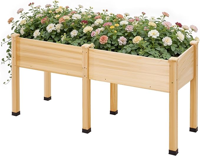 AMERLIFE Raised Garden Bed, 72x24x30 Inches Elevated Wood Planter Box with Bed Liner, Legs, Divider, Drainage Holes, Stand for Backyard, Patio, 300 Lb Capacity - Light Wood