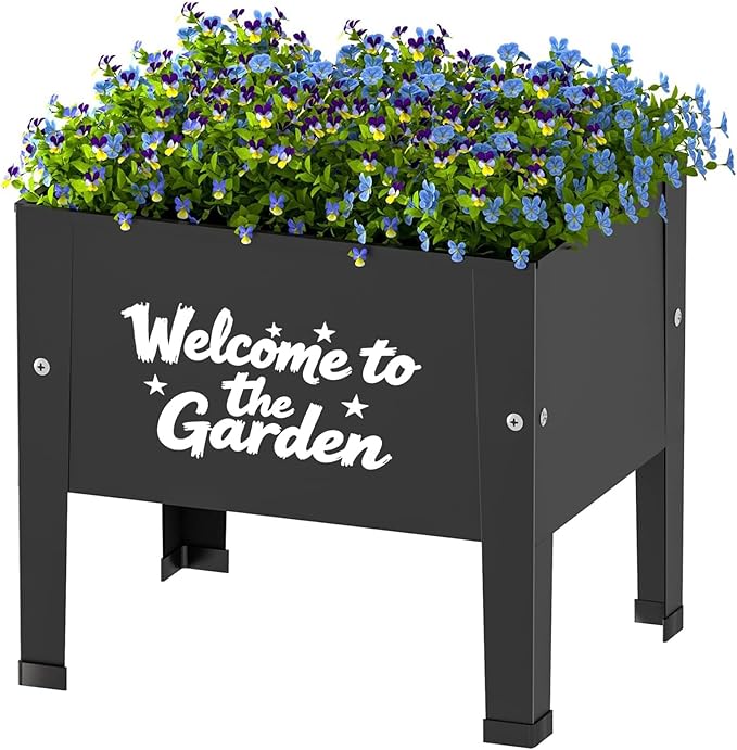 aboxoo 14 inch Spray-Painted Style Planter Raised Beds with Legs Outdoor Small Metal Planter Box Elevated Garden Bed for Vegetables Flower Herb Patio(Black)