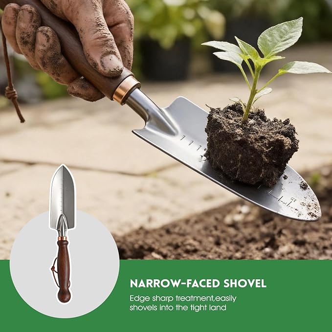 Gardening Tools, 4 Pack Garden Tool Set with Wooden Handles Hand Tools with Transplanting Hand Shovel, Rake and Root Picker Ideal for Digging and Planting