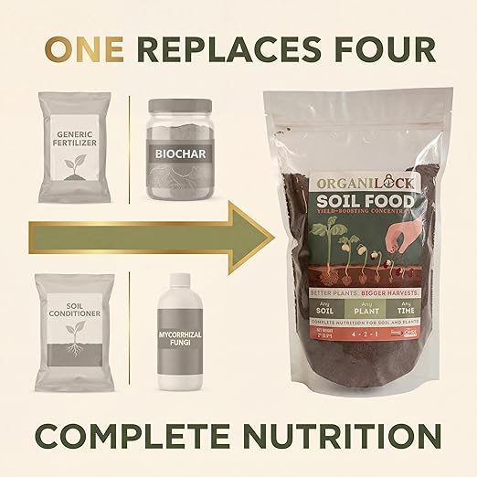 OrganiLock Soil Food — Organic All-in-One Soil Amendment + Fertilizer | Mycorrhizae, Biochar & Beneficial Bacteria | OMRI Listed, Patented, Won’t Burn | Vegetables, Flowers, Lawns
