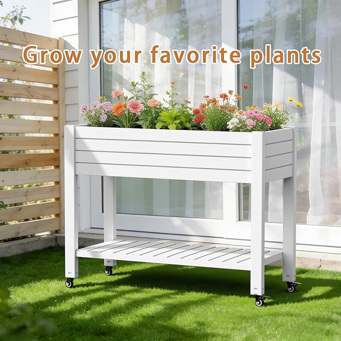 EasyUp 21 Gallon Elevated Raised Garden Bed with Storage Shelf & Lockable Wheels, Weatherproof Mobile Planter for Patio, Balcony, Vegetables & Flowers (Ashen)