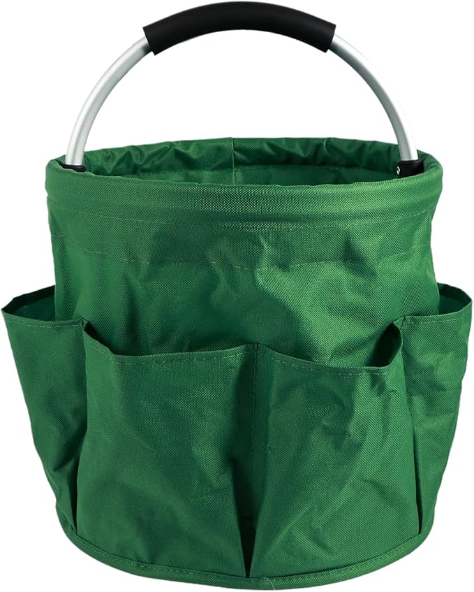 Gardening Storage Tote with Handle and 6 Pockets, Folding Garden Tool Basket, Storage Bag for Outdoor Picnic Organizer, 17L Cleaning Organizer, Bathroom Organizer, Garden Tool Kit Holder (Green)