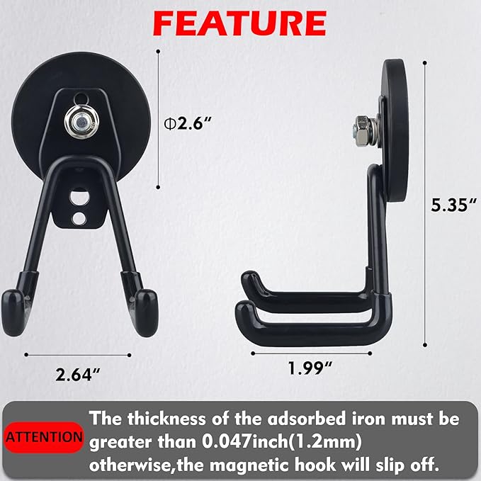 MUTUACTOR Heavy Duty Magnetic Hook,2PCS Anti-Slip Storage Magnet Hooks for Organizer, Magnetic Mount Garage Double Utility Hooks Hanging Impact Drivers Garden Hoses Hardware Box