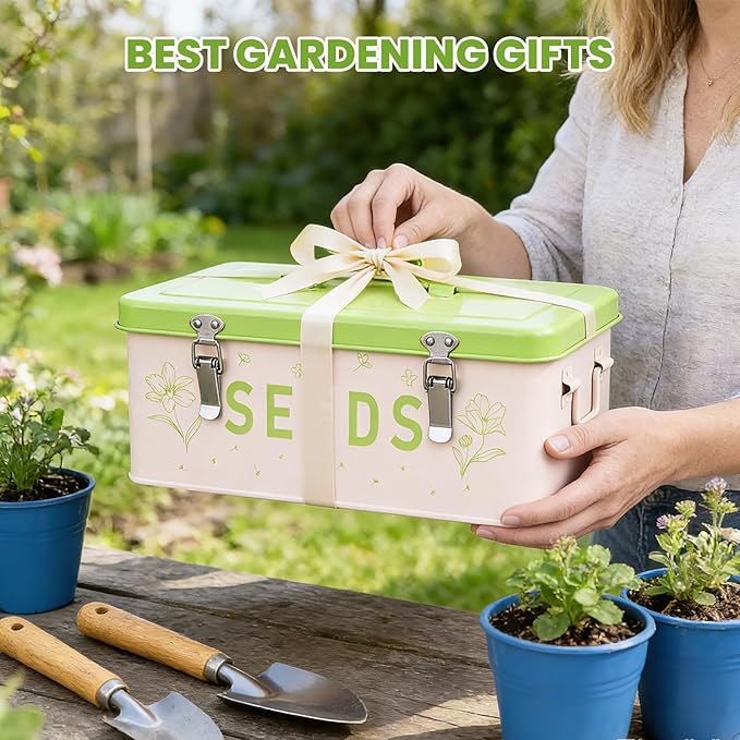 Seed Storage Organizer with Lid, Metal Seed Bin Seed Packet Container with 100 Plant Labels 50 Seed Envelopes 50 Plant Clips 1 Marker Pen, 4 Compartments Box with Locks (Fruit green)