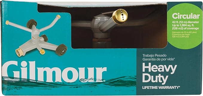 Gilmour Heavy Duty 692 Sq Ft Spinning Sprinkler with Wheeled Base, Metal Whirling Sprinkler Head for 360 Degree Coverage in Flower Beds and Vegetable Gardens