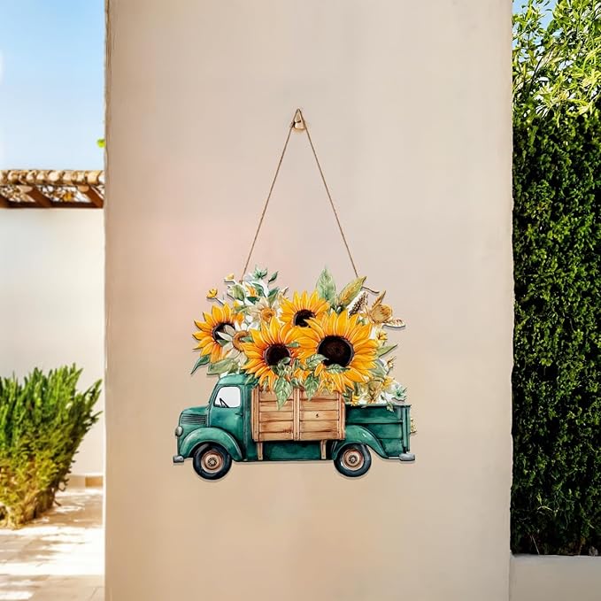 Quterhero Sunflower Truck Wall Decor, Metal Hanging Art for Home Porch or Indoor Outdoor Wall, Vintage Farmhouse Gift for Mom, Women, Friends(Green Truck)