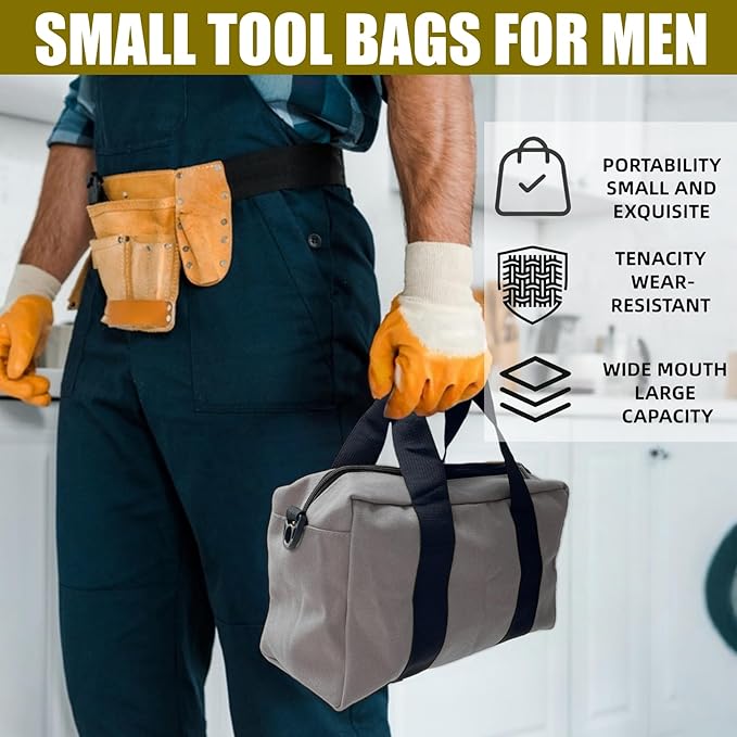 BLIRITEL Wide Mouth Tool Bag, Heavy Duty Canvas Tool Storage Bag, Large Capacity Handbag, Multi-function Tool Organizer Tote Bag for Storage Wrenches Pliers (Gray, 14 Inch)