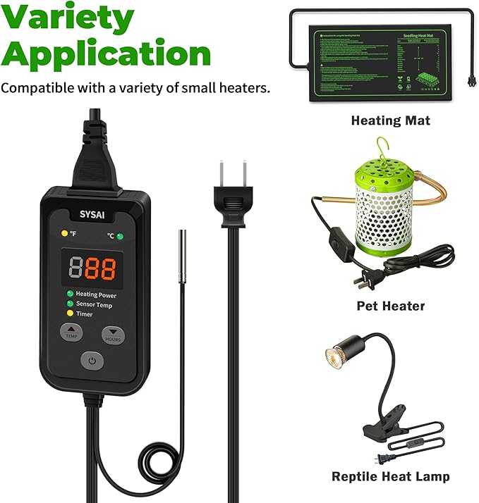 SYSAI Digital Thermostat Controller for Reptiles, Seed Germination, Breeding, Incubation and Small Greenhouse, 50-95°F, 1.5A 150W