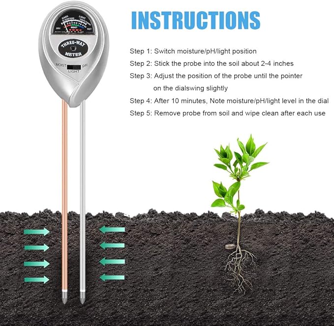 Soil pH Meter, 3-in-1 Soil Testing Kit with Moisture, Light and PH Tester for Plant, Vegetables,Garden, Farm, Lawn, Indoor & Outdoor (No Battery Needed) - Silver