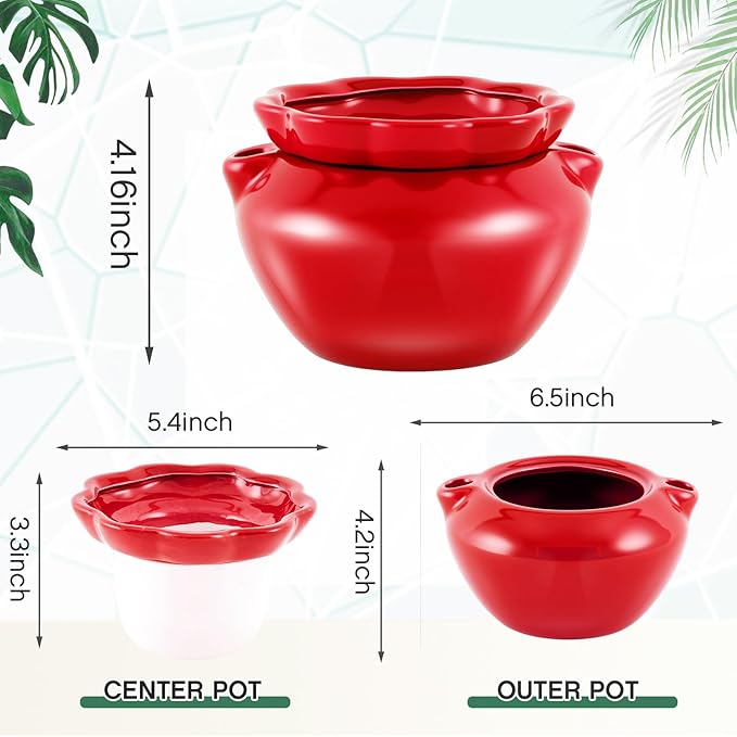 6.3 Inch African Violet Pots, Red Self Watering Pot for Indoor Plants, Ceramic Easy Plant Self Watering Pot for Thriving Plant Flower Maintenance